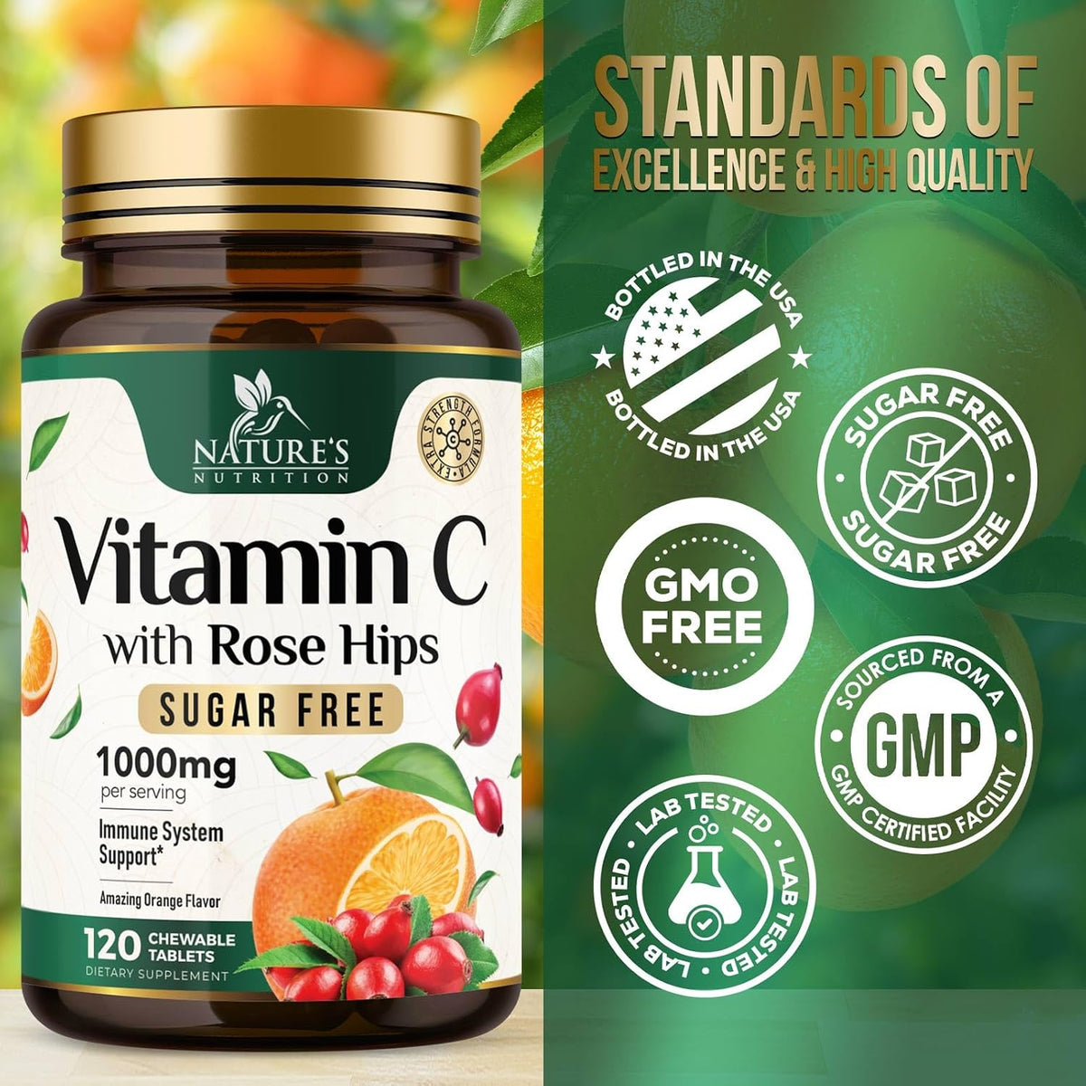 Vitamin C 1000mg Chewable Tablets with Rose Hips – Sugar Free, Orange Flavour – 120 Count - görsel 4