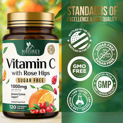 Vitamin C 1000mg Chewable Tablets with Rose Hips – Sugar Free, Orange Flavour – 120 Count