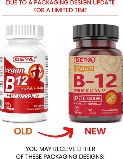 Deva Vegan Vitamin B12 Fast Dissolve Supplement – 1000 mcg Methylcobalamin with B6 & Folic Acid – Lemon Flavour – 90 Lozenges