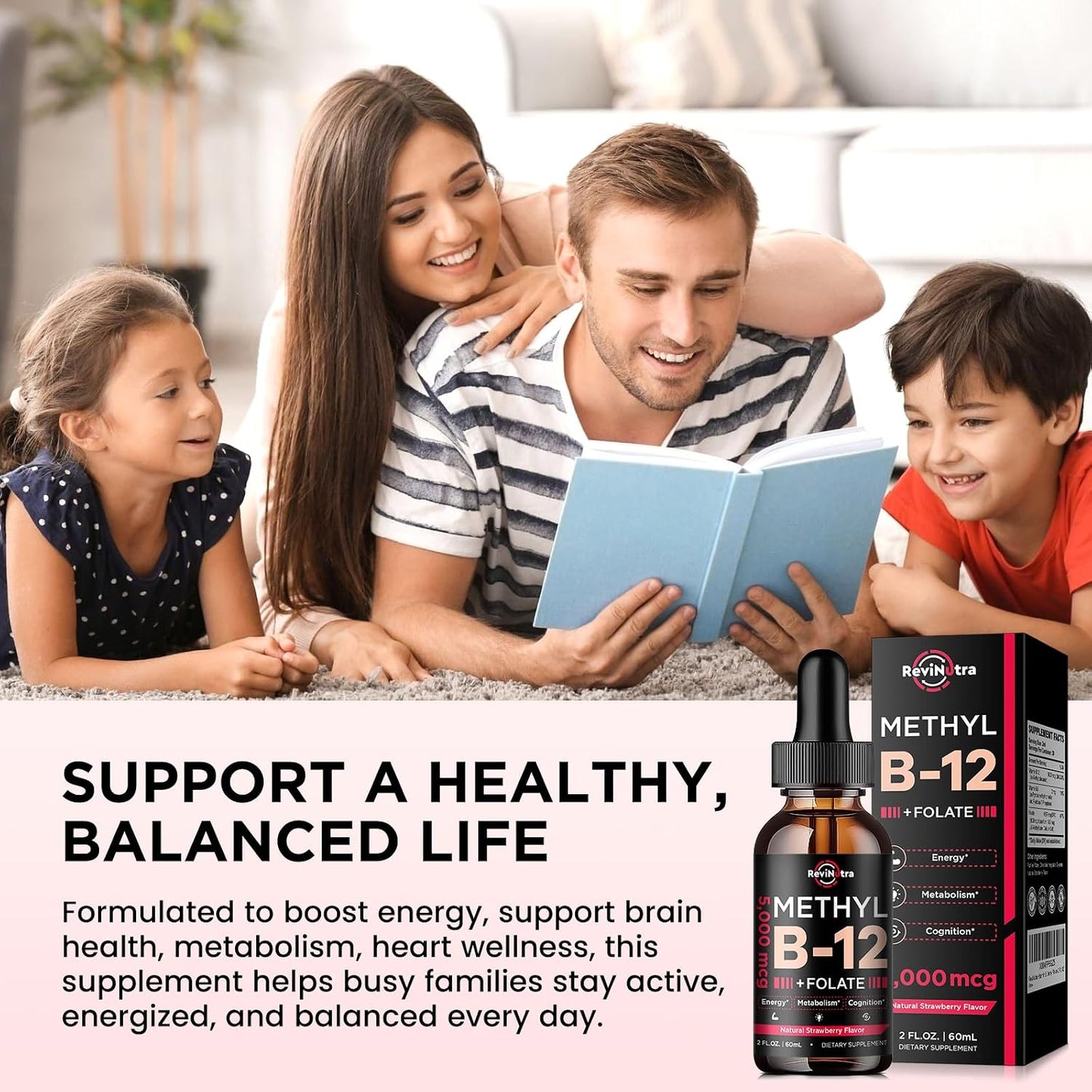 ReviNutra Vitamin B12 Liquid Drops - 5000 mcg Methylcobalamin with B6 & Folate - Vegan Strawberry Flavour - 60 ml - görsel 6