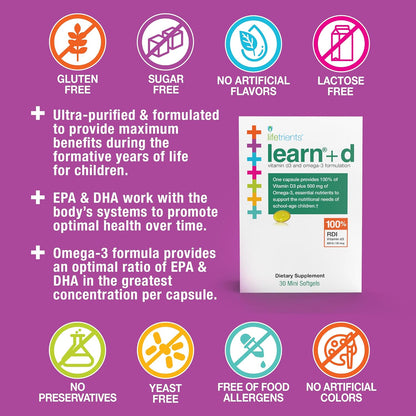 Lifetrients Learn+D — Vitamin D3 & Omega-3 Formulation — 30 Mini Soft gel capsules — Children's Bone Health, Immune Support & Brain Nutrition