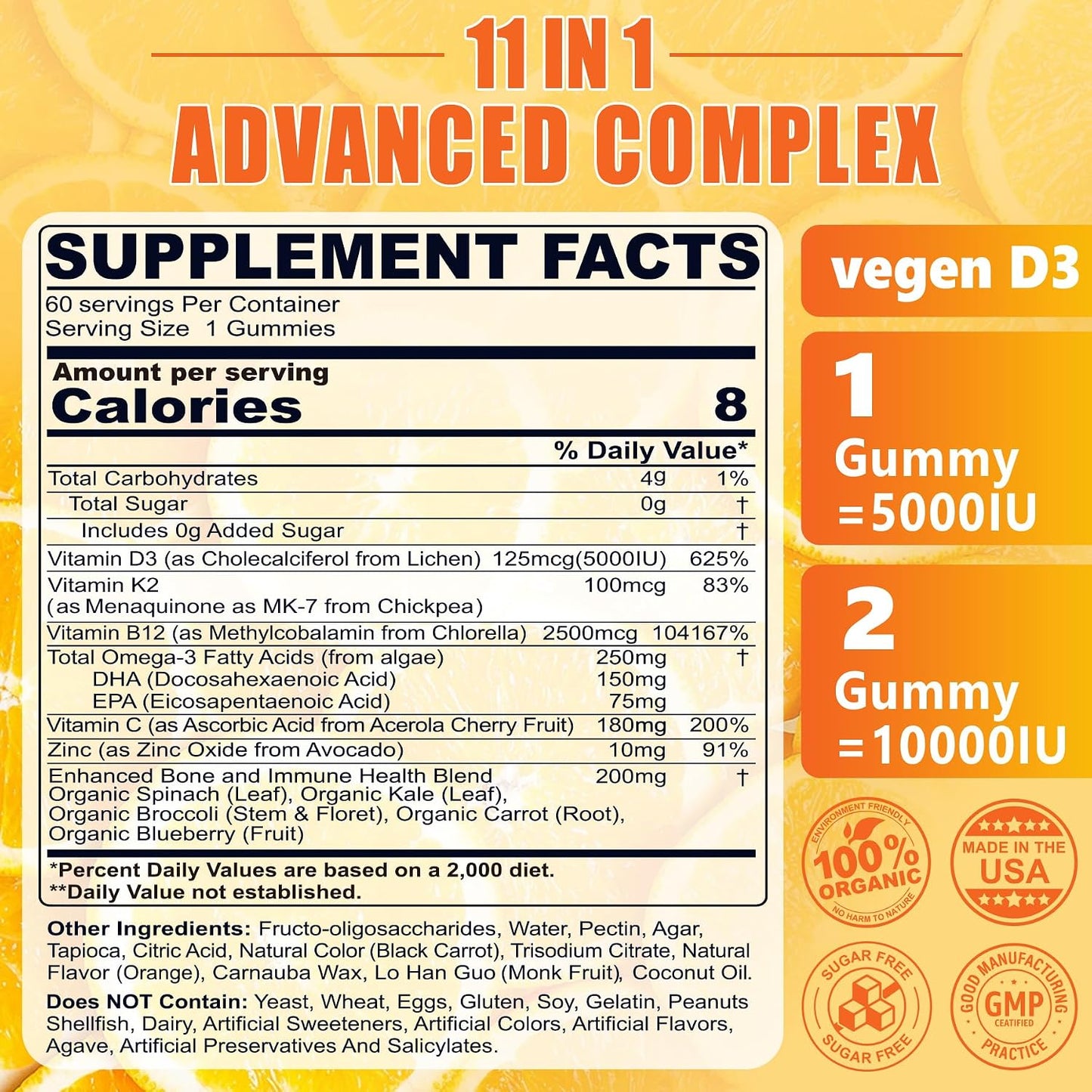 Nextdia Vitamin D3 K2 Gummies - 5000 IU D3, 100 mcg K2 MK-7, Omega-3, Vitamin C, Zinc - Plant-Based, Sugar-Free - Bone and Immune Support - görsel 2