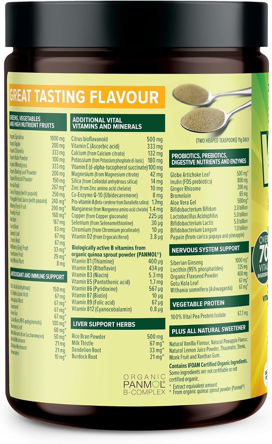 Vital All-in-One Daily Powdered Supplement - Natural Greens Superfood Powder for Energy & Wellbeing, Super Greens Powder Drink Mix with Probiotic & Antioxidant Support - Lemon & Ginger, 120 g - görsel 5