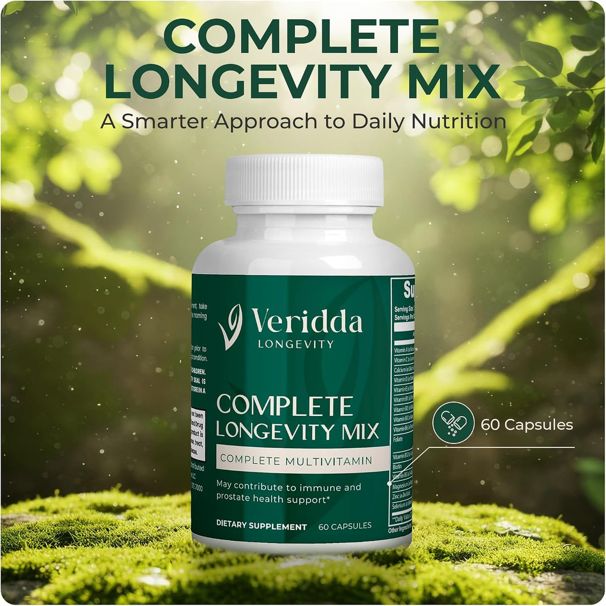 Veridda Longevity Complete Longevity Mix - Multivitamin with Vitamin B Complex, Antioxidants, Echinacea, Spirulina, Lutein, Lycopene for Immune Support, 60 Capsules - görsel 3