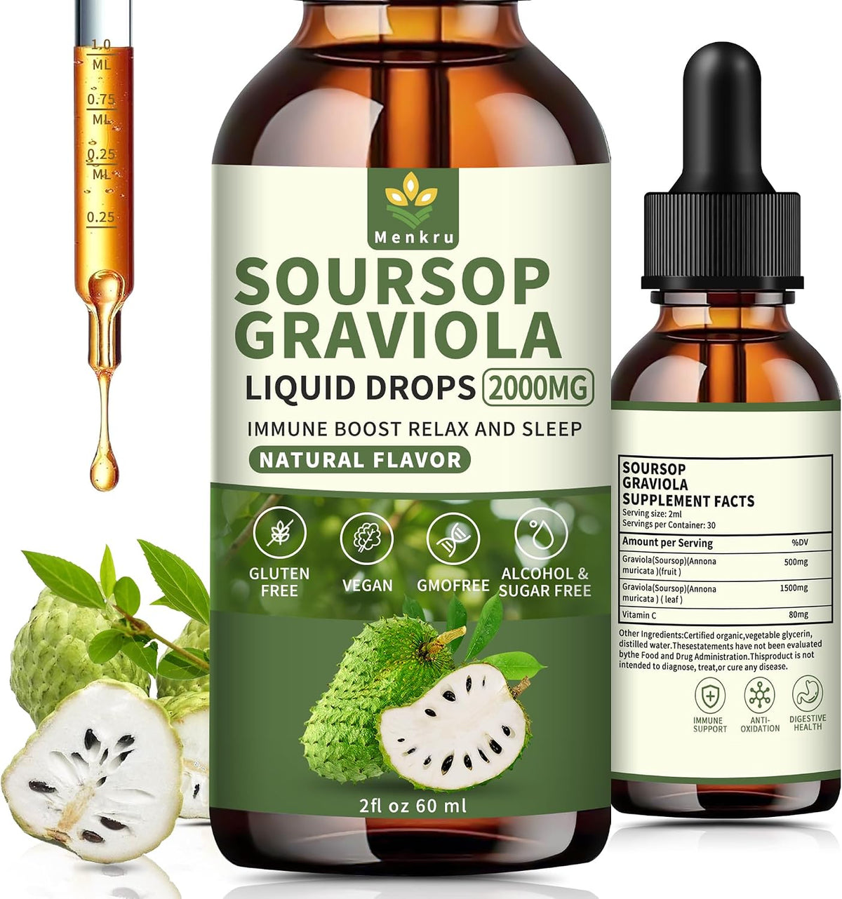 Menkru Organic Soursop Bitters Liquid Multivitamin Drops – Pure Graviola Extract with Vitamin C, Immune & Skin Support, Sugar and Gluten-free, 59 ml - görsel 1