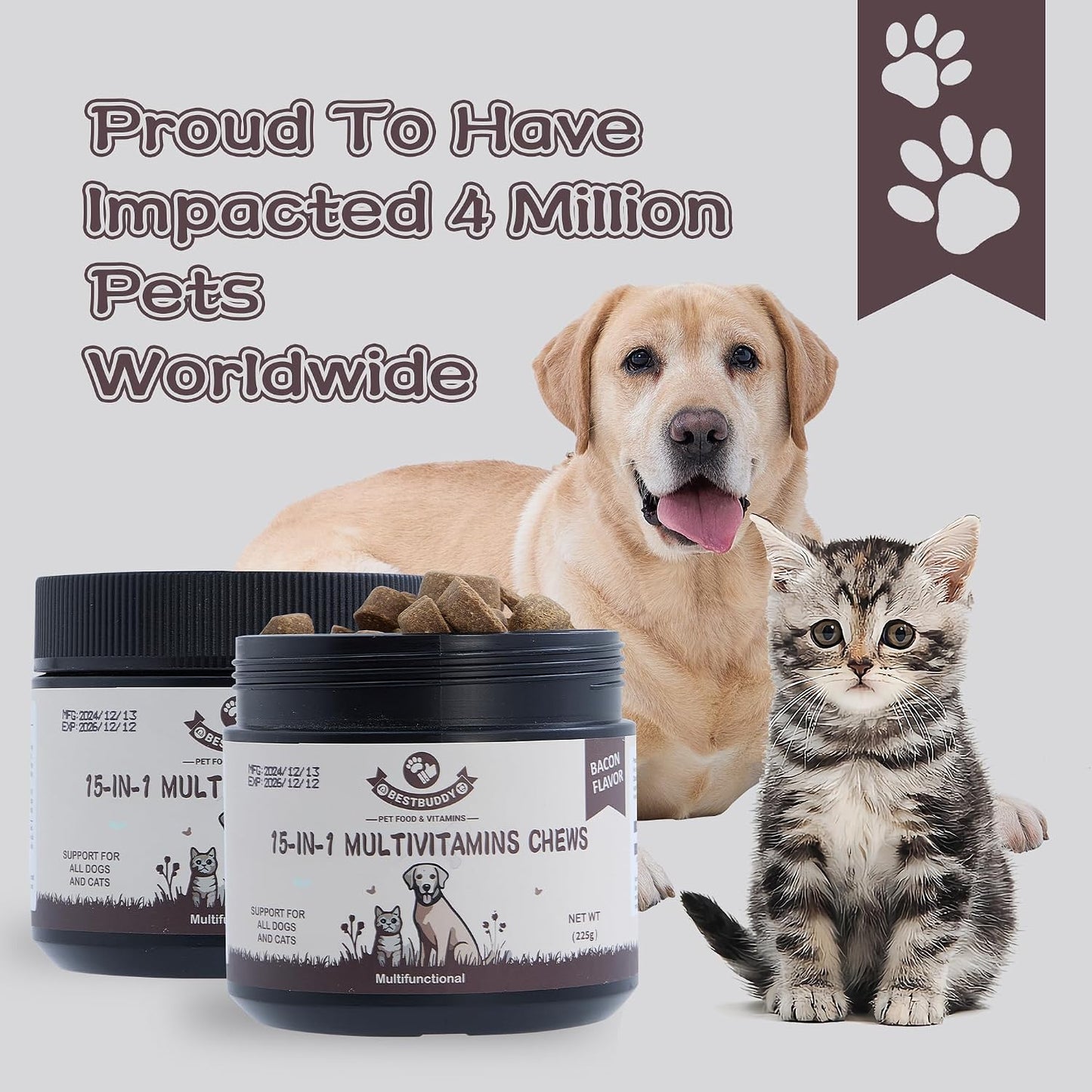 Best Buddy Multivitamin 15-in-1 Chews for Dogs & Cats, Bacon/Pork Flavour, 225g - görsel 3