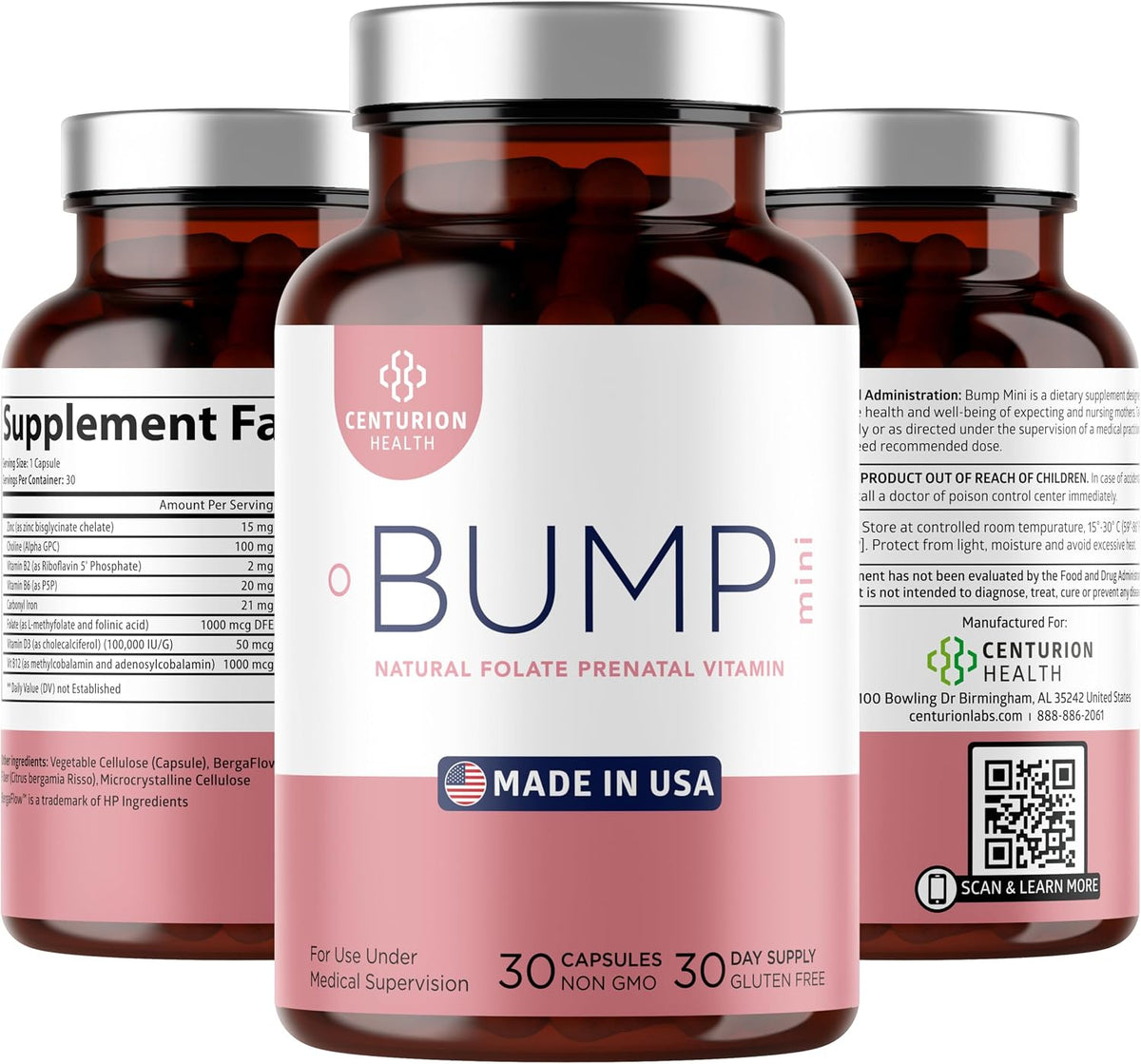 Centurion Health Bump Mini Complete Antenatal Vitamins for Women with Folate, Choline, Carbonyl Iron, Zinc, Vitamin D3 and Vitamin B12, 30 Capsules - görsel 1