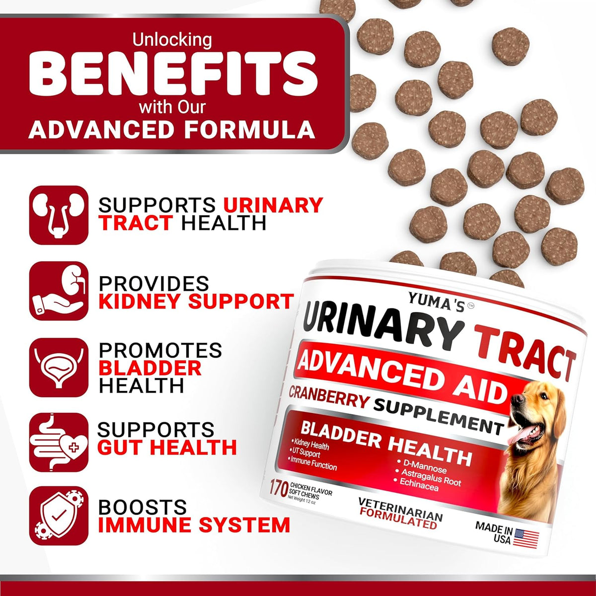Dog UTI Chews - 170 Treats - Cranberry Supplement for Dogs - Bladder Control - Digestion & Immune Support - Urinary Tract Health - Multivitamin - Vitamins and Supplements - Made in USA - görsel 2