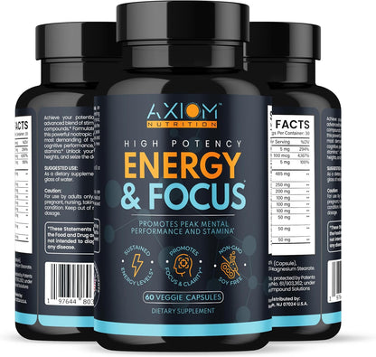Energy and Focus – Extra Strength 200mg Caffeine and Lion's Mane Mushroom Supplement, 60 Capsules – with Alpha GPC, L-Theanine, L-Tyrosine to Support Brain Function and Concentration