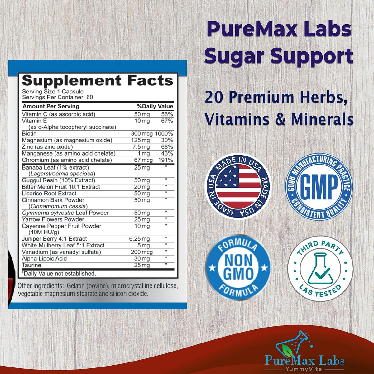 YUMMYVITE Sugar Support Supplement with Cinnamon, Chromium, Mulberry, Alpha Lipoic Acid - 20 Herbs & Vitamins - Non-GMO, 60 Capsules - görsel 2