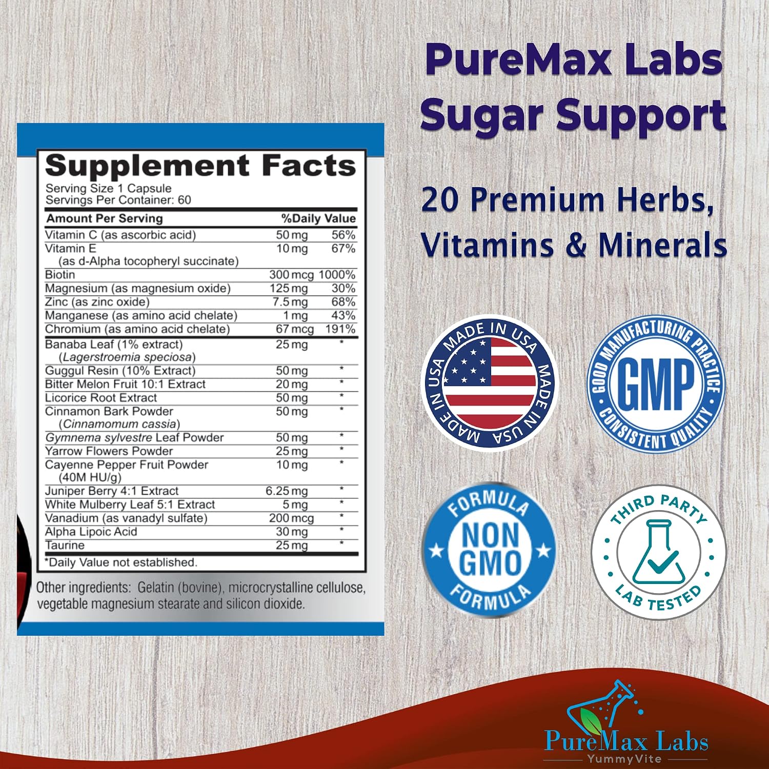 YUMMYVITE Sugar Support Supplement with Cinnamon, Chromium, Mulberry, Alpha Lipoic Acid - 20 Herbs & Vitamins - Non-GMO, 60 Capsules - görsel 2