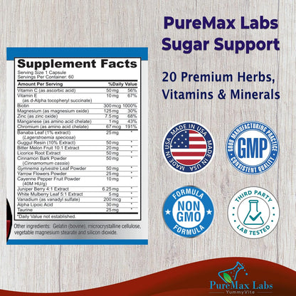 YUMMYVITE Sugar Support Supplement with Cinnamon, Chromium, Mulberry, Alpha Lipoic Acid - 20 Herbs & Vitamins - Non-GMO, 60 Capsules
