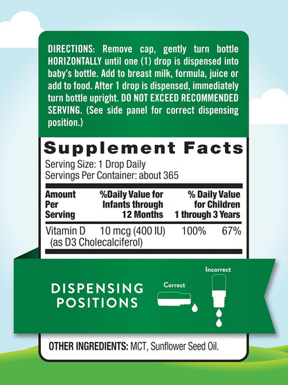 Nature's Truth Vitamin D Drops for Infants | 400 IU | 9.2 mL | D3 for Children | Vegetarian, Non-GMO & Gluten-free