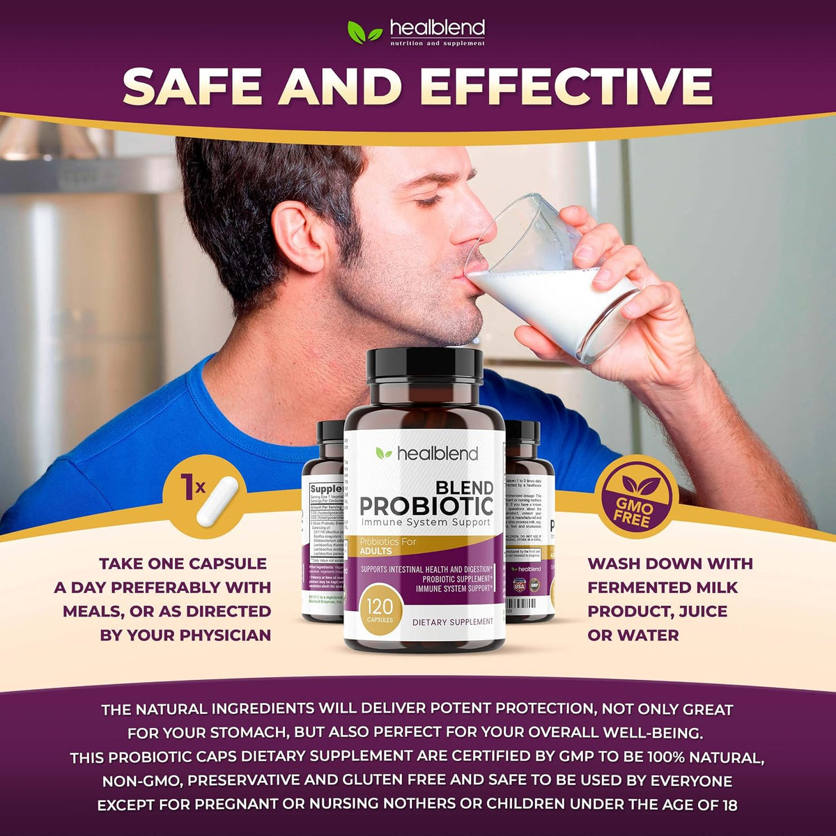 healblend Probiotic Capsules – Digestive Health & Immune Support, Non-GMO, Gluten-free, 120 Veg Caps - görsel 3