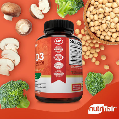 NutriFlair Vitamins D3 (5000 IU) + K2 (as MK-7) - Plant-Based with BioPerine, 90 Capsules