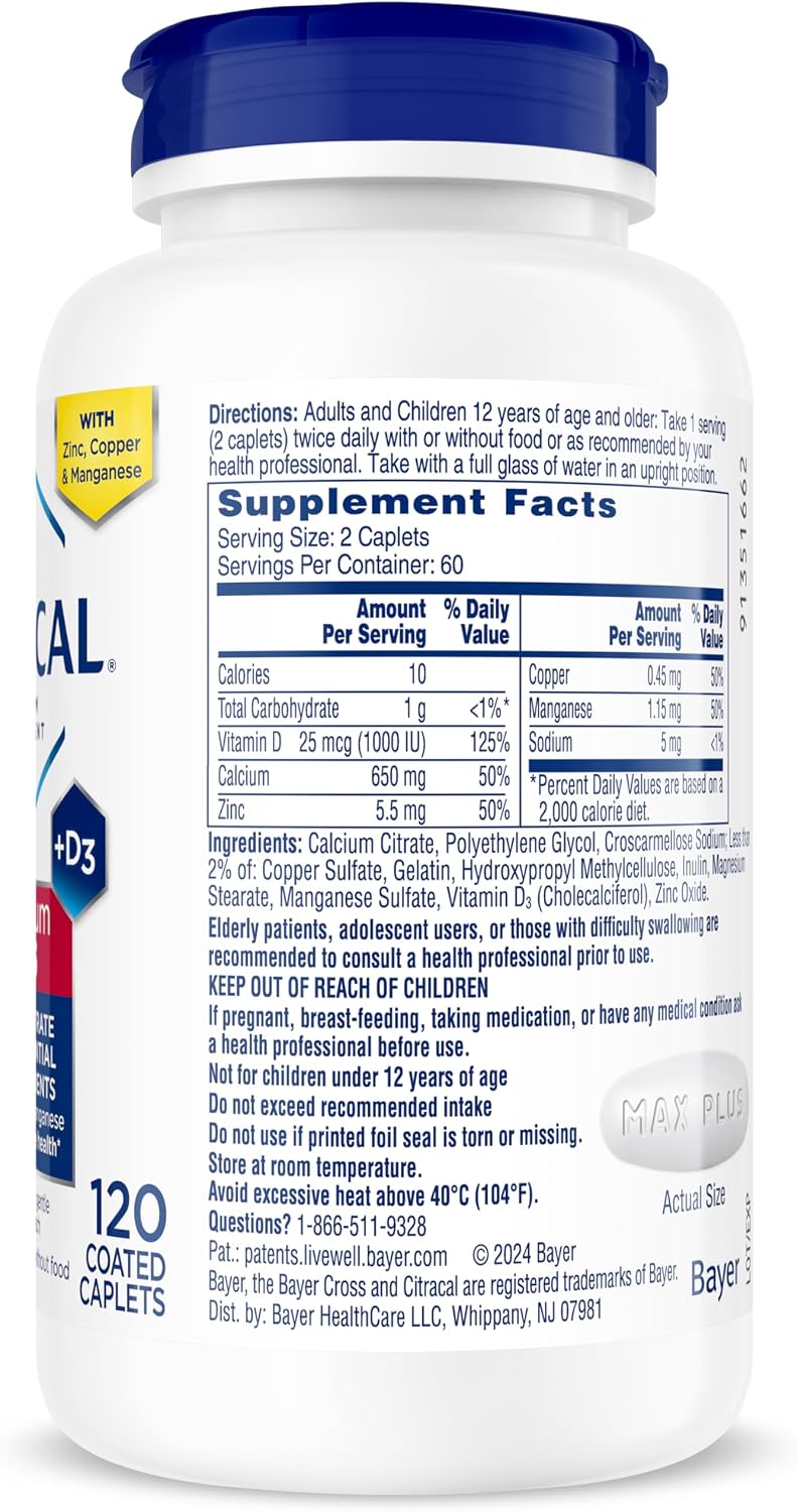 Citracal Maximum Plus Calcium Supplement - Calcium Citrate with Vitamin D3, Zinc, & Essential Minerals for Bone Health Support, Ages 12+, 120 Caplets (Packaging May Vary) - görsel 7