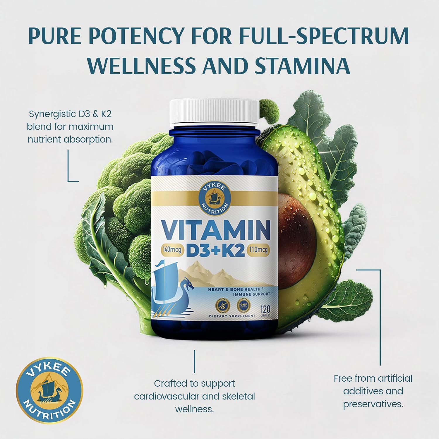 Vykee Nutrition Vitamin D3 K2 Complex – D3 140 µg & K2 (MK-7) 110 µg – 120 Vegan Capsules - görsel 7