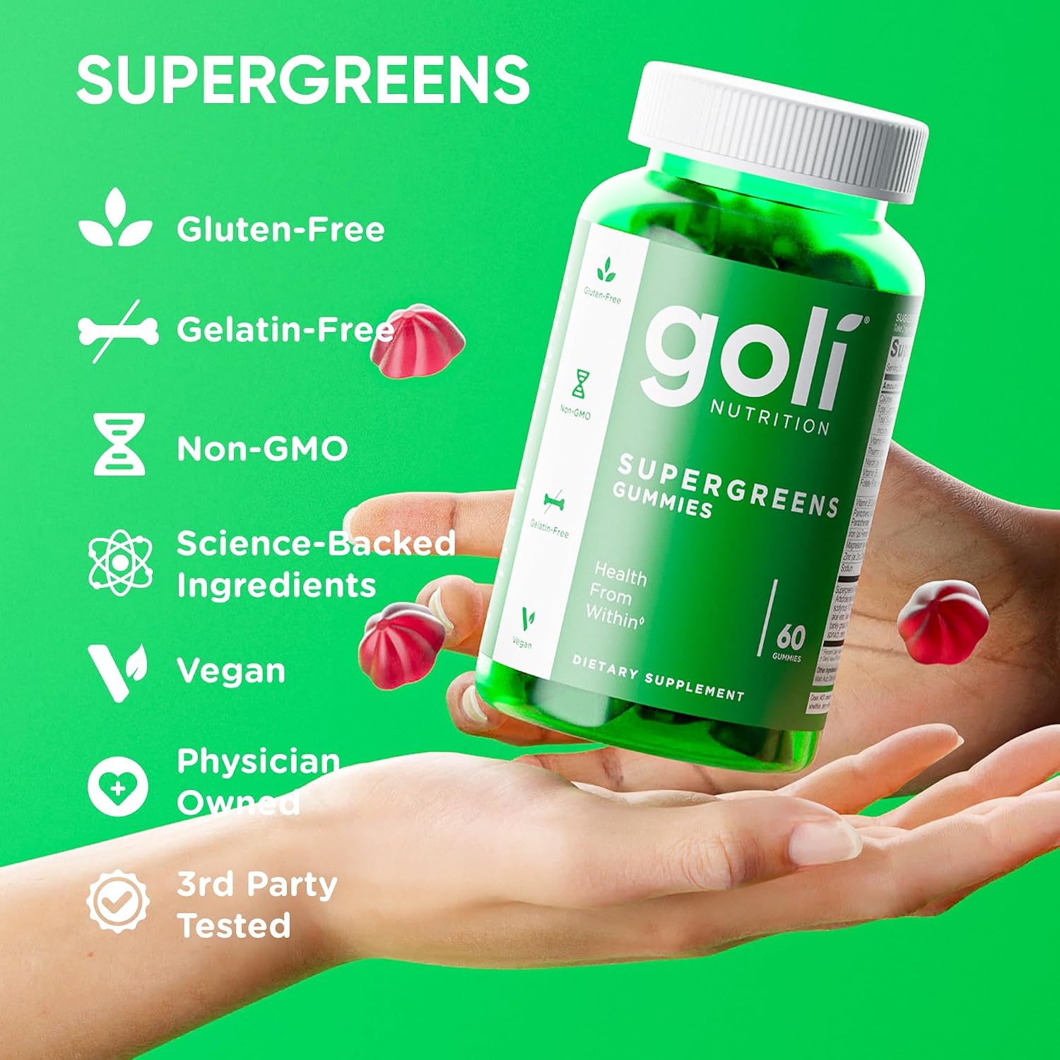 Goli SuperGreen Vitamin Gummy - 60 Gummies - Essential Vitamins and Minerals - Plant-Based, Vegan, Gluten-Free & Gelatine-Free - Health from Within - görsel 9
