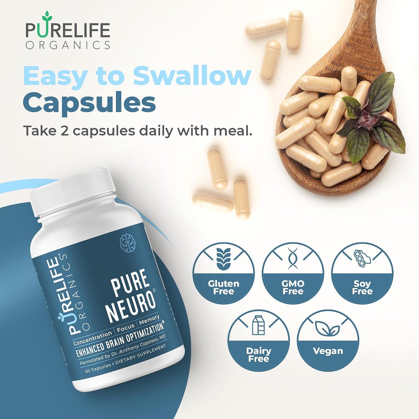 PureLife Organics Pure Neuro - Brain Fog Relief, Memory Support & Focus Support - 60 Vegan Capsules - görsel 6