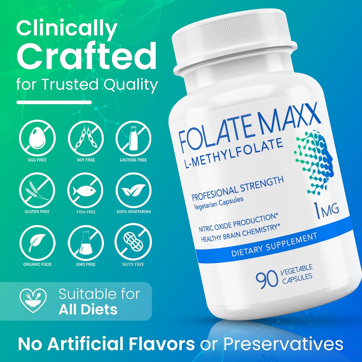 L-Methylfolate Supplement (1mg) - Professional Strength with Optimised Bioactive Methylfolate - 5-MTHF - Non-GMO, Gluten-free, Soya Free - 180 Vegetarian Capsules - görsel 5