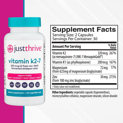 Just Thrive Vitamin K2-7 - Bone Health K2 Vitamin Supplement, 60 Capsules