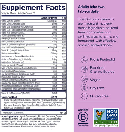 True Grace Prenatal Multivitamin - 30 Servings - Supports a Healthy Mum & Baby with Methylfolate & Choline for Foetal Brain Development - Gluten-free, Soya-free - 60 Vegan Tablets