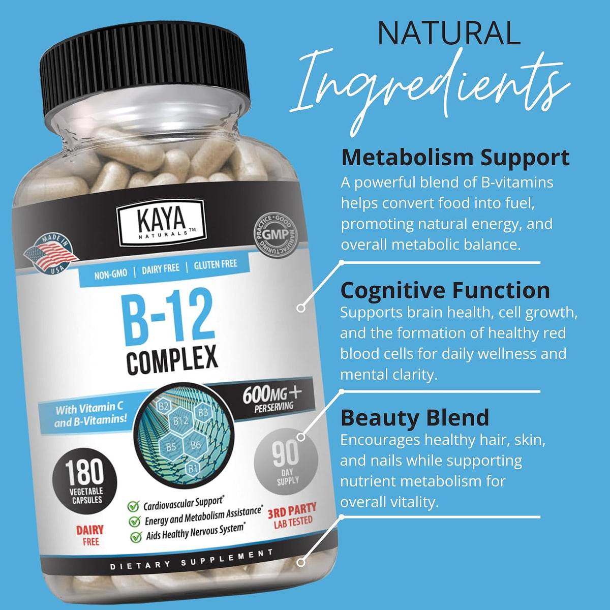 Kaya Naturals B-12 Complex – Multivitamin Food Supplement with Biotin, Choline, Inositol, Folate, and Vitamin C – 180 Tablets - görsel 5