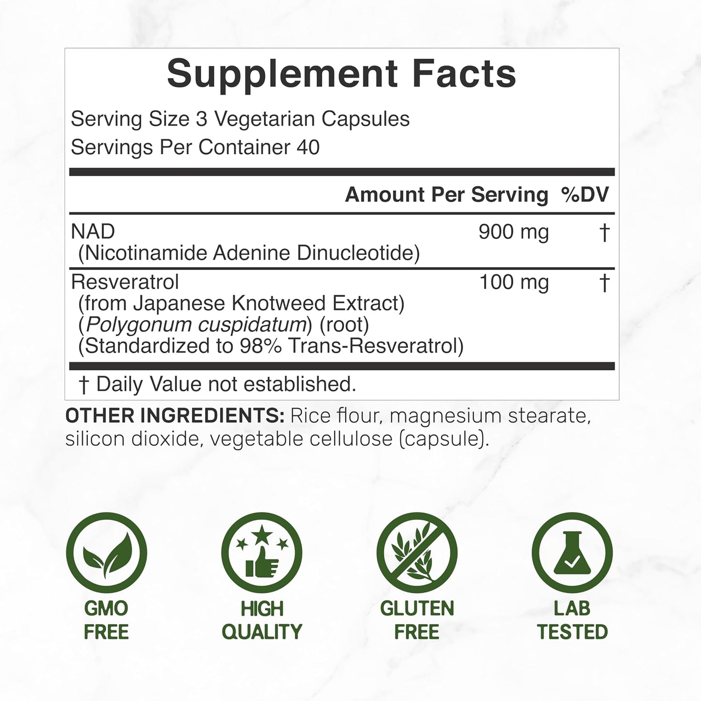 NAD+ Resveratrol Supplement 1,000mg Per Serving, 120 Vegetable Capsules - görsel 2