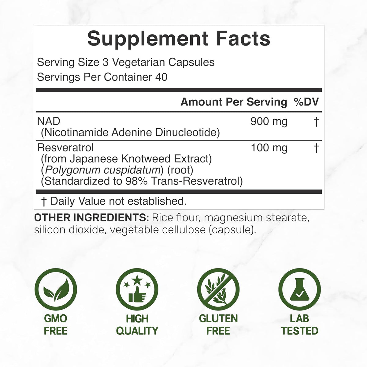 NAD+ Resveratrol Supplement 1,000mg Per Serving, 120 Vegetable Capsules - görsel 2