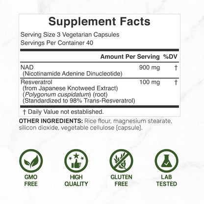NAD+ Resveratrol Supplement 1,000mg Per Serving, 120 Vegetable Capsules