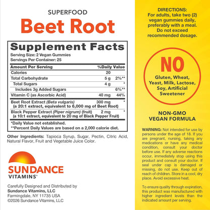 Sundance Beetroot Gummies - Superfood with Black Pepper, Strawberry Flavour - 50 Count - Vegan, Non-GMO & Gluten-free
