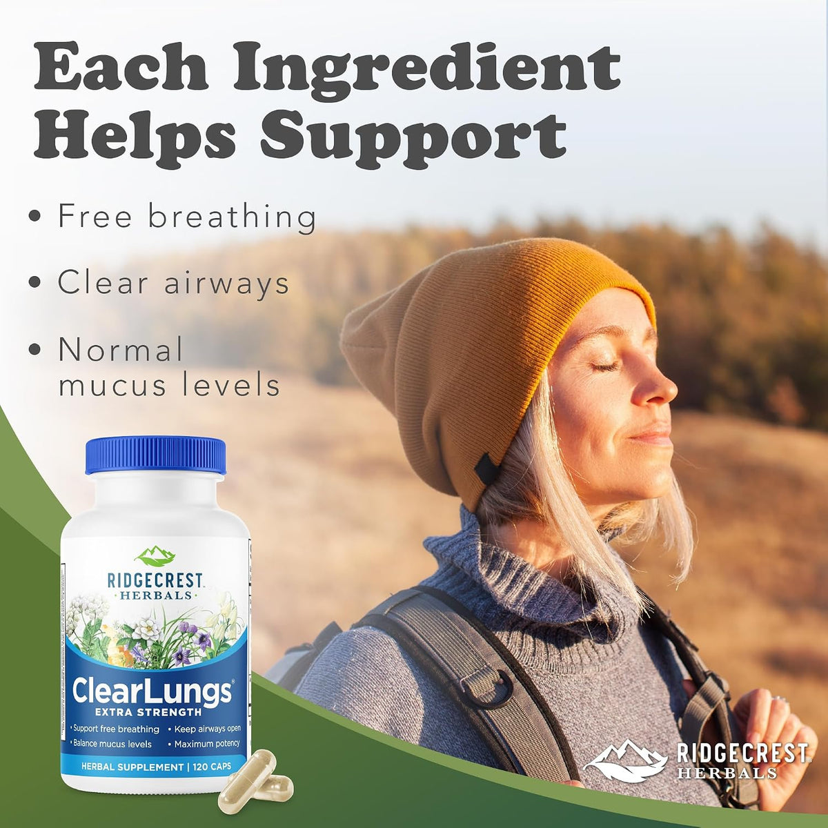 RidgeCrest Herbals ClearLungs Extra Strength, Daily Food Supplement, Natural Lung and Nasal Wellness Formula (120 Vegan Caps, 60 Serv) - görsel 2