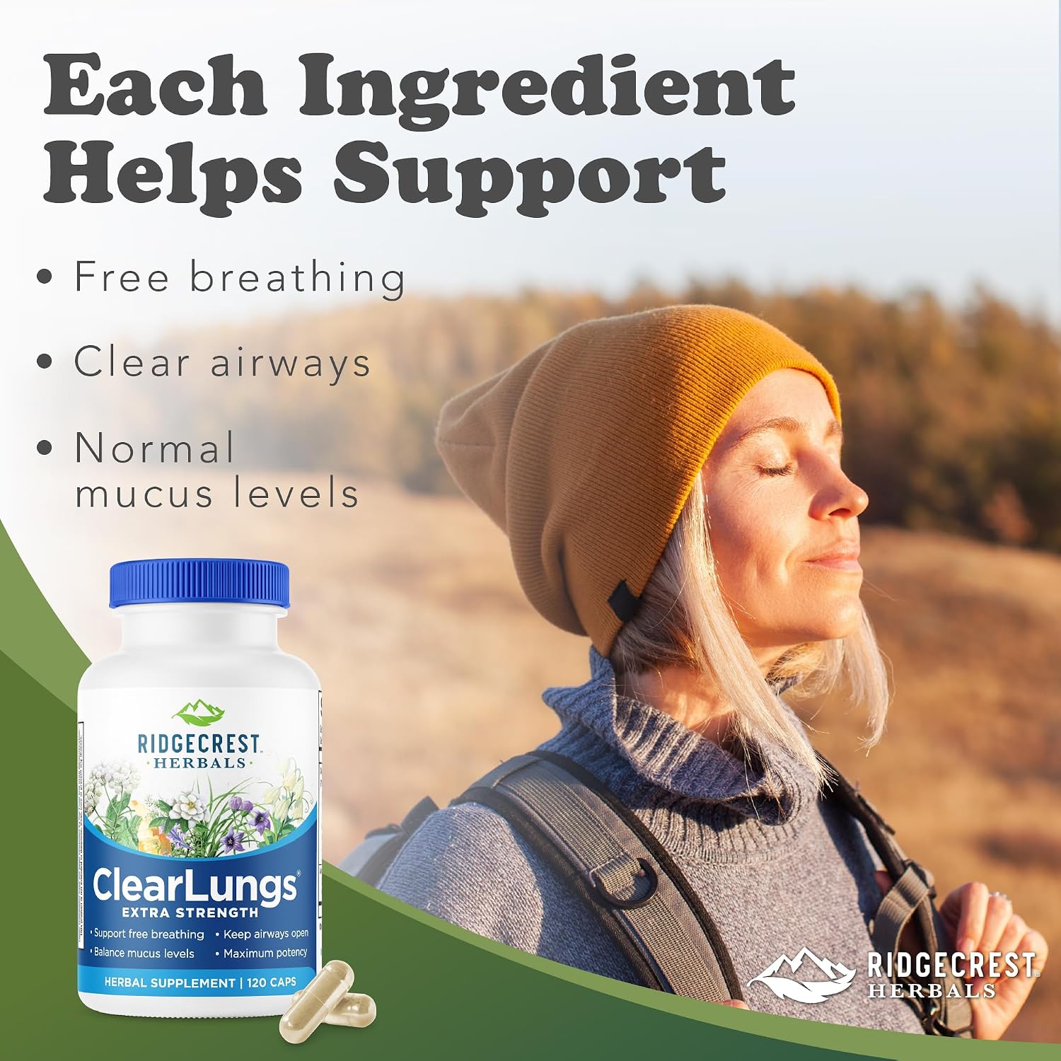 RidgeCrest Herbals ClearLungs Extra Strength, Daily Food Supplement, Natural Lung and Nasal Wellness Formula (120 Vegan Caps, 60 Serv) - görsel 2