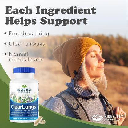 RidgeCrest Herbals ClearLungs Extra Strength, Daily Food Supplement, Natural Lung and Nasal Wellness Formula (120 Vegan Caps, 60 Serv)