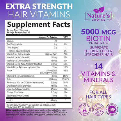 Nature's Choice Hair Support Gummies - 5000mcg Biotin with Vitamins E & C, Berry Flavour