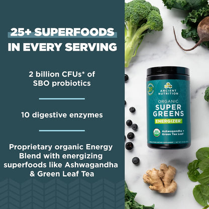 Ancient Nutrition Organic SuperGreens Energiser Powder with Probiotics and B12, Made from Real Fruits, Vegetables and Herbs, for Digestive, Detoxification and Energy Support, 25 Servings