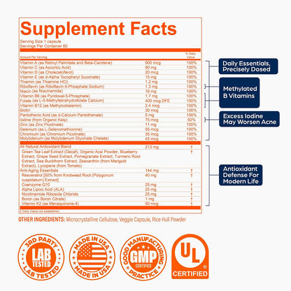 PS Longevity Supplements – Methylated Multivitamin for Men and Women with B Vitamins, Nicotinamide Riboside, CoQ10, Resveratrol, ALA – Antioxidant Defence (2 Month Supply)