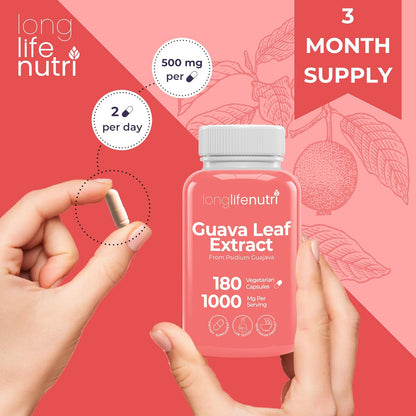 Guava Leaf Extract 1000mg – Organic Supplement, 180 Vegetarian Capsules