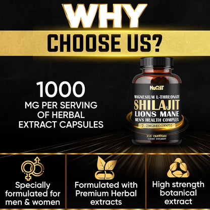 Magnesium with Lion's Mane, Shilajit Capsules, and Men's Health Complex with Ashwagandha, Maca Root & More - 210 Capsules