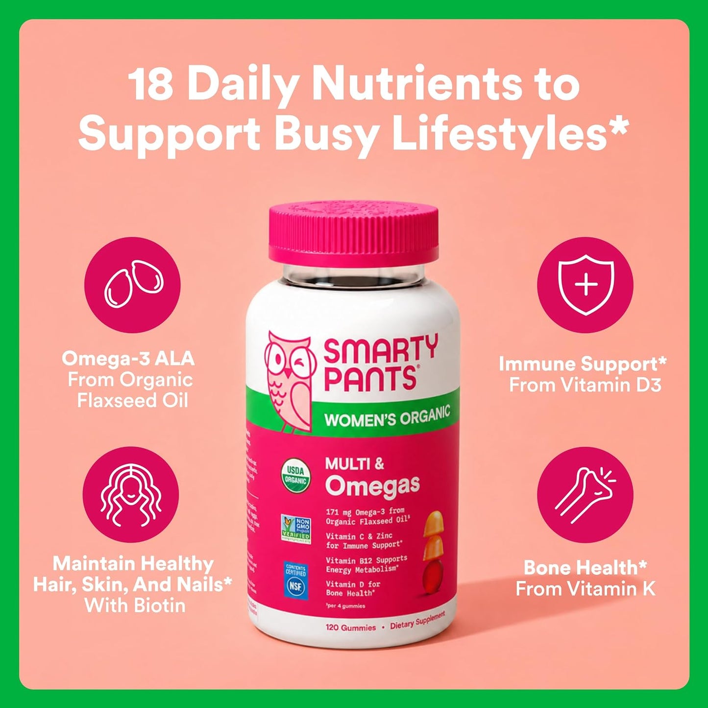 SmartyPants Organic Women's Multivitamin Gummies: Biotin, Methylfolate, Omega-3 (ALA), Vitamin D3, C, Vitamin B12, B6, A, K & Zinc, Inositol, Gluten-free, Vegetarian, 120 Count (30 Day Supply) - görsel 2