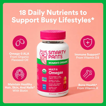 SmartyPants Organic Women's Multivitamin Gummies: Biotin, Methylfolate, Omega-3 (ALA), Vitamin D3, C, Vitamin B12, B6, A, K & Zinc, Inositol, Gluten-free, Vegetarian, 120 Count (30 Day Supply)