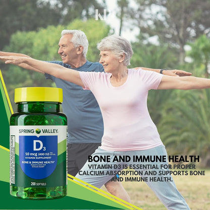 Vitamin D3 Soft gel capsules, Vitamin D3 10MCG (400 IU), 200 Count