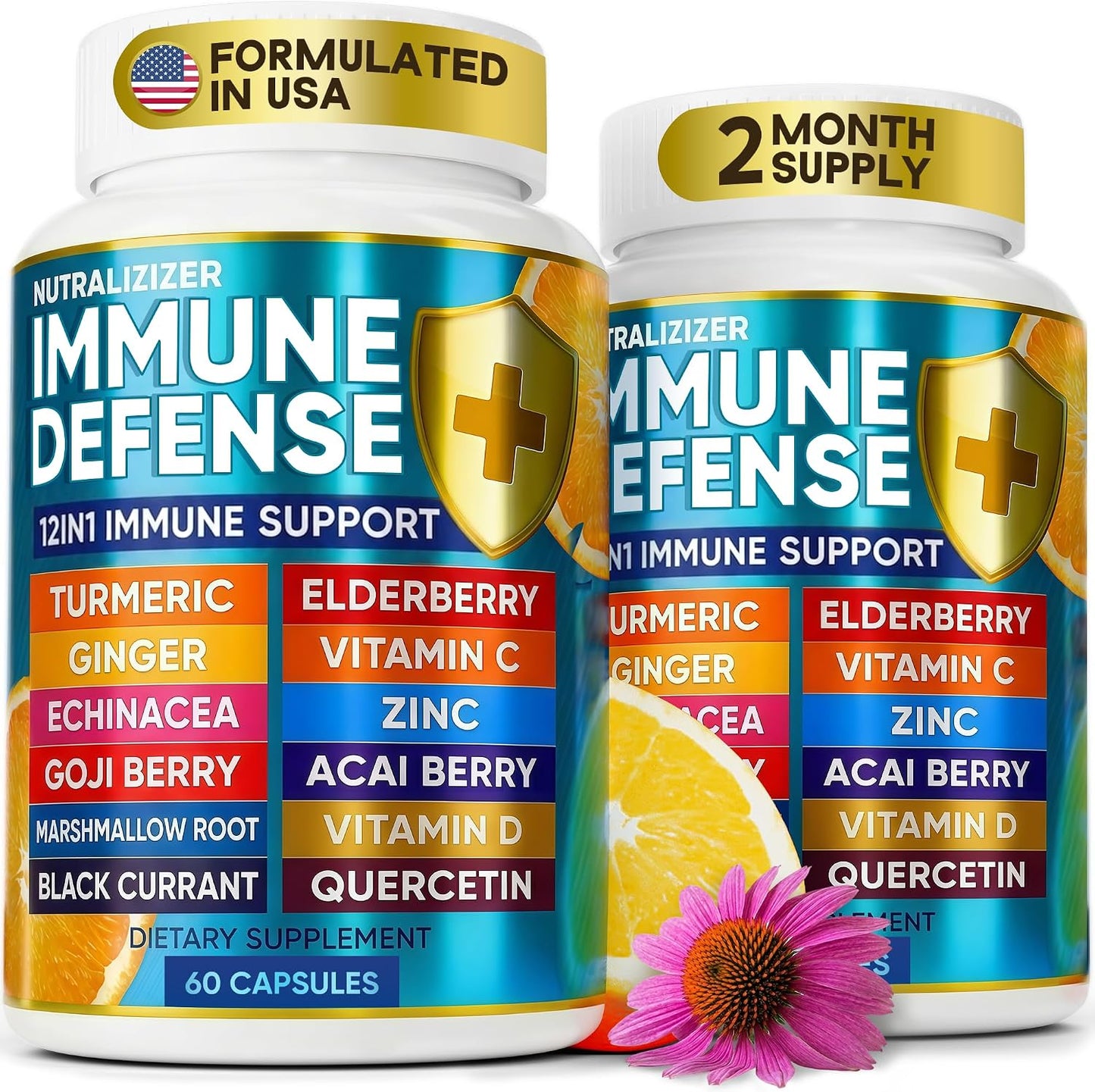 12 in 1 Immune Support Supplement - Immune Defence Vitamins with Elderberry, Vitamin D3, C, Zinc, Echinacea, Ginger - Natural Immunity Booster - 120 Capsules - görsel 10