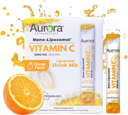 Aurora Nutrascience Nano-Pack Liposomal Vitamin C Powder Drink Mix - 3000 mg, Orange, 30 Sachets
