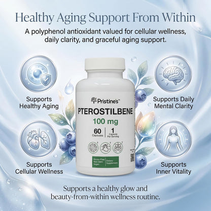 PRISTINE'S Pterostilbene 100mg Anti Ageing Supplement Capsules - 60 Day Supply