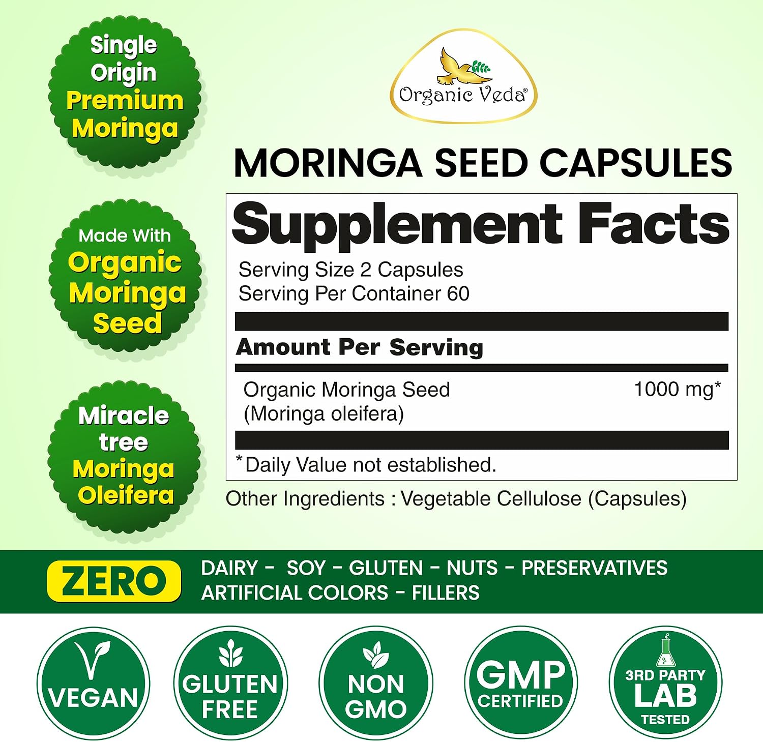 Organic Veda Moringa Seed Capsules - Omega 3-6-9, Antioxidants & Amino Acids, 120 Vegan Capsules - görsel 2