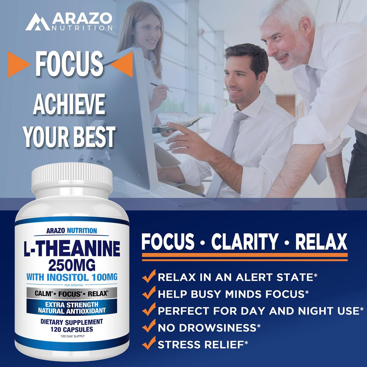 Arazo Nutrition L-Theanine 250mg with Inositol 100mg, 120 Vegetarian Capsules – Image 4