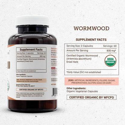 Secrets of the Tribe Wormwood Organic Capsules | Certified Organic Vegetarian Capsules, Herbal Food Supplement | Artemisia Absinthium Dried Herb (120 Count)