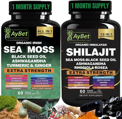 AyBet Sea Moss & Shilajit Supplement Combo – Herbal Formula with Black Seed Oil, Ashwagandha, Rhodiola, Turmeric, Ginger – 240 Vegan Capsules