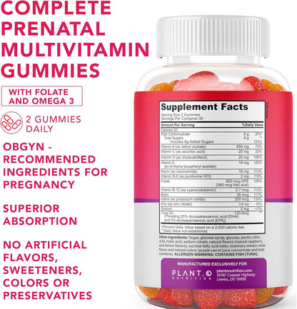 PLANT.O NUTRITION Prenatal Gummies for Women with DHA, Folate, Vitamin B C D – Delicious Multivitamin Blend for Foetal and Neural Support, Bones, Energy & Immunity During Pregnancy